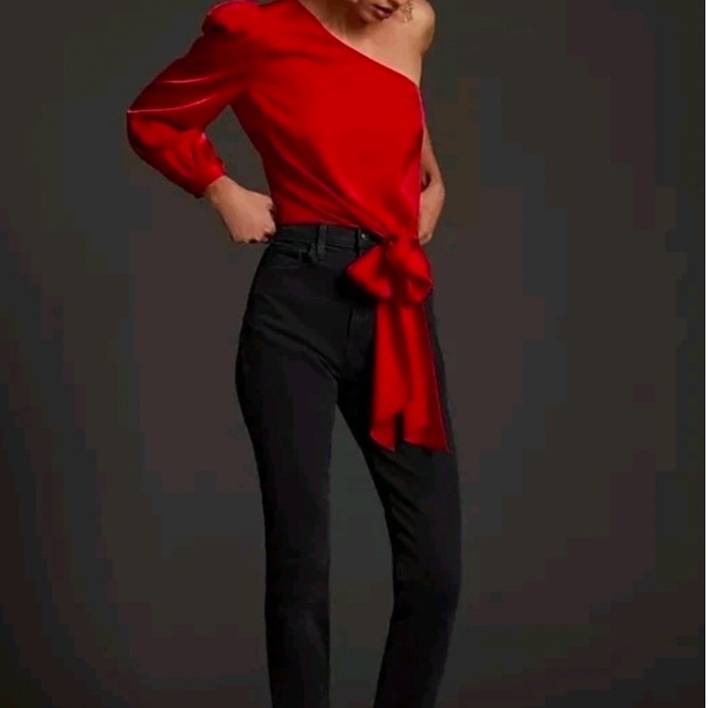 Anthropologie Mare Mare Blouse Womens Medium Red Excellent One Shoulder Puff Tie